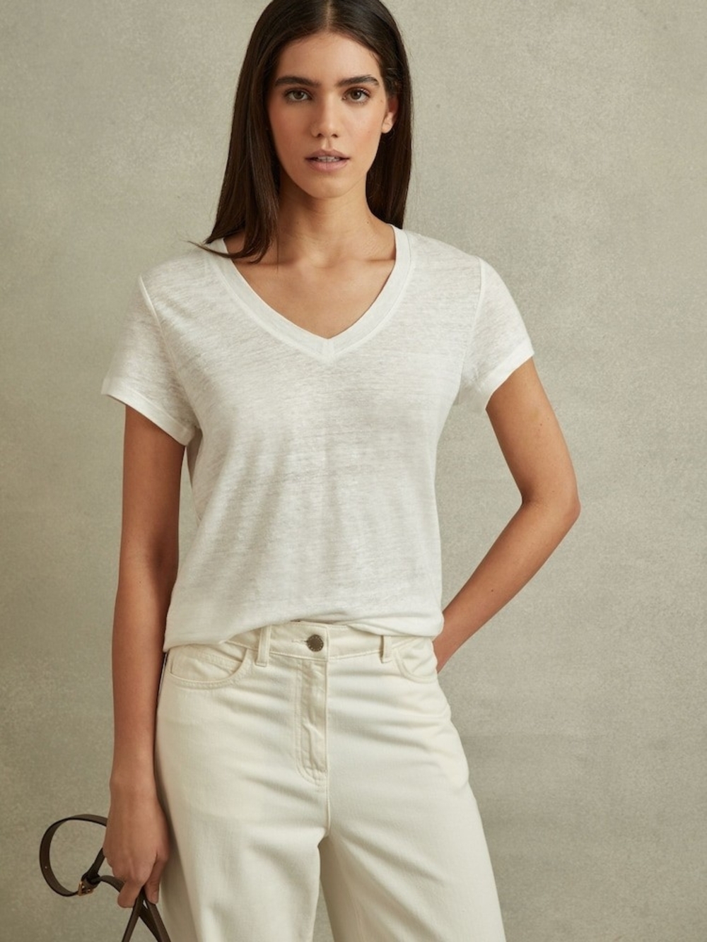 Reiss Marled 100% Linen V Neck T-Shirt in White Like New Condition